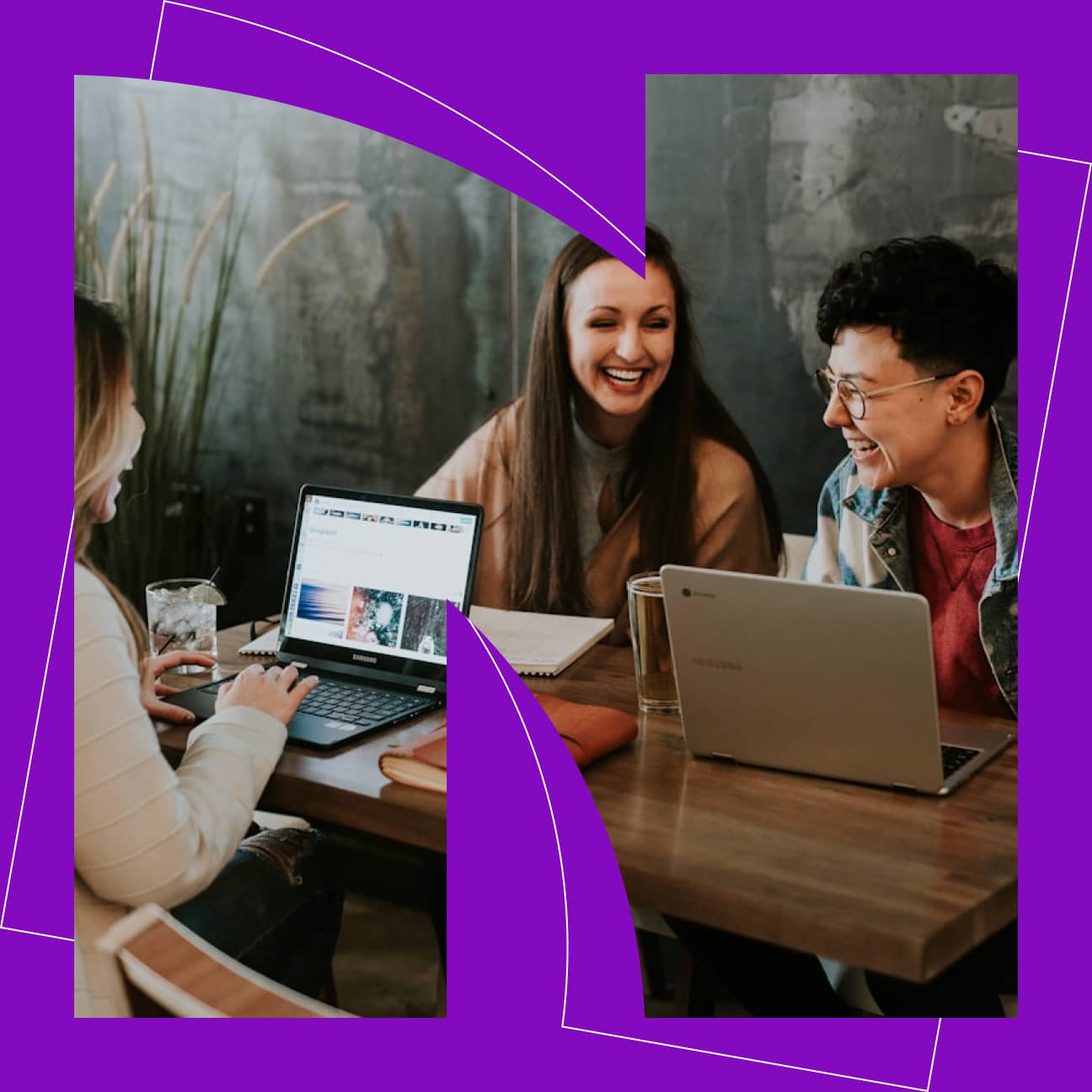 Three people on laptops laughing